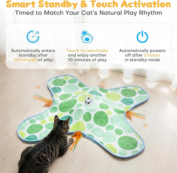Interactive Cat Toys for Indoor Cats, Hide and Seek Cat Toy, 2 in 1 Automatic Moving Concealed Feathers Cat Toy Mat, Non-Slip Suction, Touch Activated, USB Rechargeable, Green
