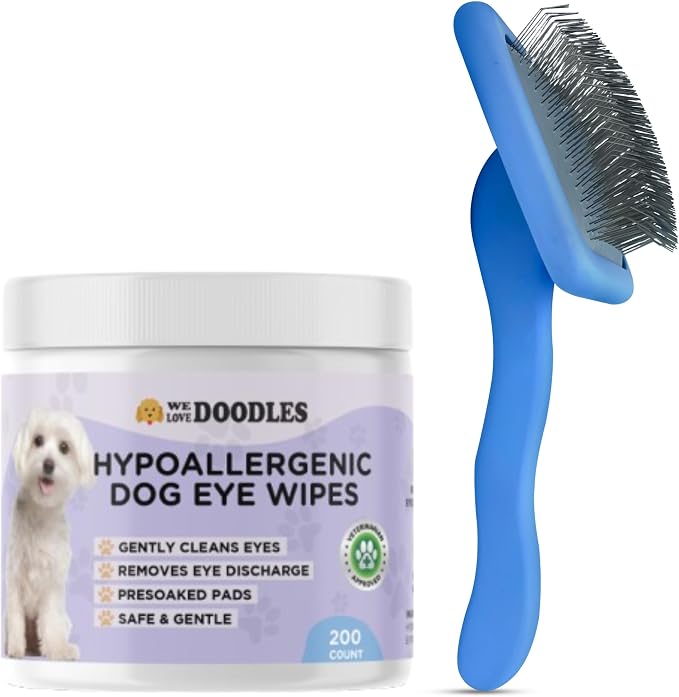 We Love Doodles Dog Eye Wipes & Dog Slicker Brush - Pre-Soaked Eye Wipes for Dogs, Tear Stain Remover for Dogs, Pet Eye Wipes, Long Pin Brush for Dematting, Dog Brush for Grooming Pet Hair