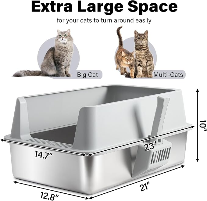Stainless Steel Cat Litter Box with Lid Large to XL,Metal Litter Box High Sides for Big/Multiple Cats,Open Design,Indoor,1-Mat and 1-Scoop,Easy to Clean, No Odor,Anti-Urine Leakage