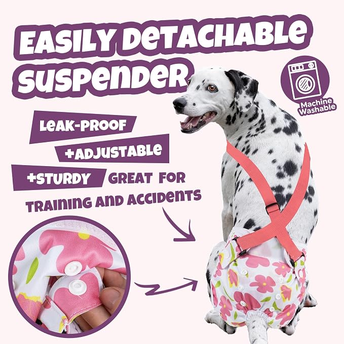 Pet Soft Dog Diapers Female with Suspenders, 3 Pack Reusable Female Dog Diapers for Heat, Dog Period Panties for Doggie in Cycle(X-Small, Flowers)