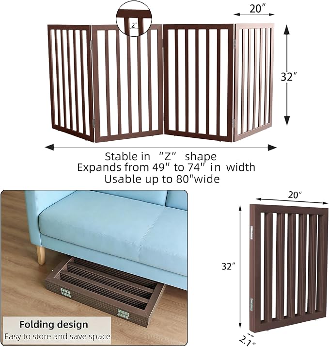 Dog Gate Indoor, Freestanding Dog Fence for The House, Doorways, Hallways,or Stairs,Pet Gate Foldable Wooden,Expandable 32" Height 4 Panels,Brown