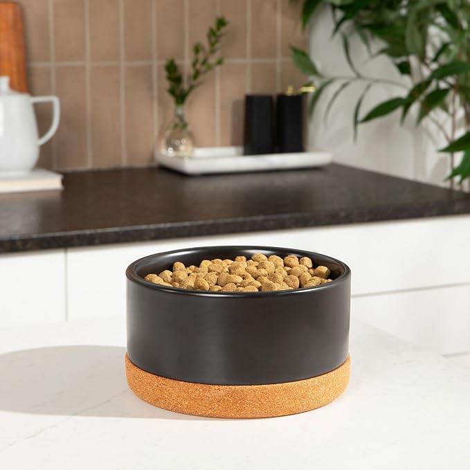 Waggo Corky Bowl – 4 Cup Non-Slip Pet Food and Water Ceramic Dish with Removable Cork Base – Dishwasher & Microwave Safe (Olive)