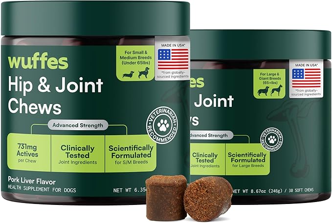 Wuffes Advanced Dog Hip and Joint Supplement with Glucosamine, Chondroitin, Omega 3, MSM, and Green Lipped Mussel, (Pack of 2, Small & Large Breed)