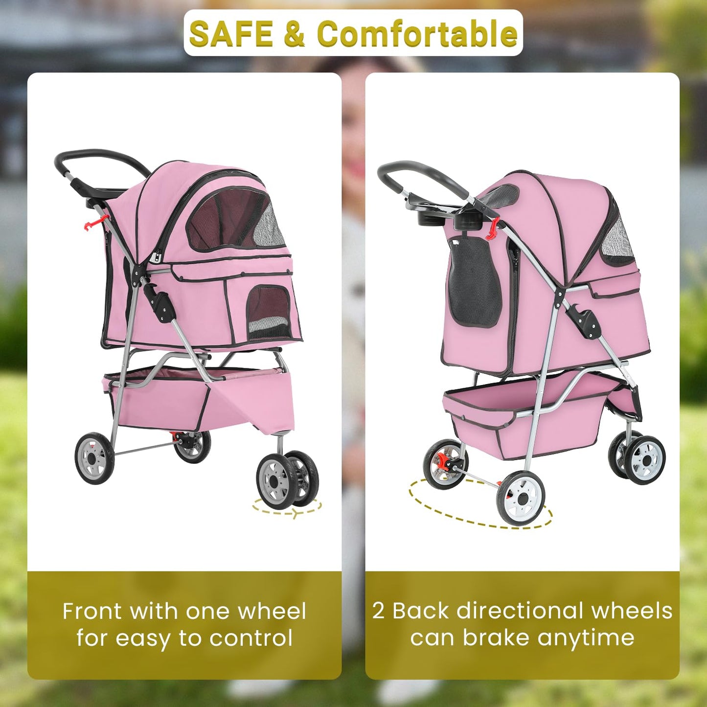 3-Wheels Pet Strolling Cart for Small Medium Dogs and Cats with Storage Basket,Holder, Foldable Pet Stroller with Waterproof Cover, Breathable Mesh for All-Season, Pink