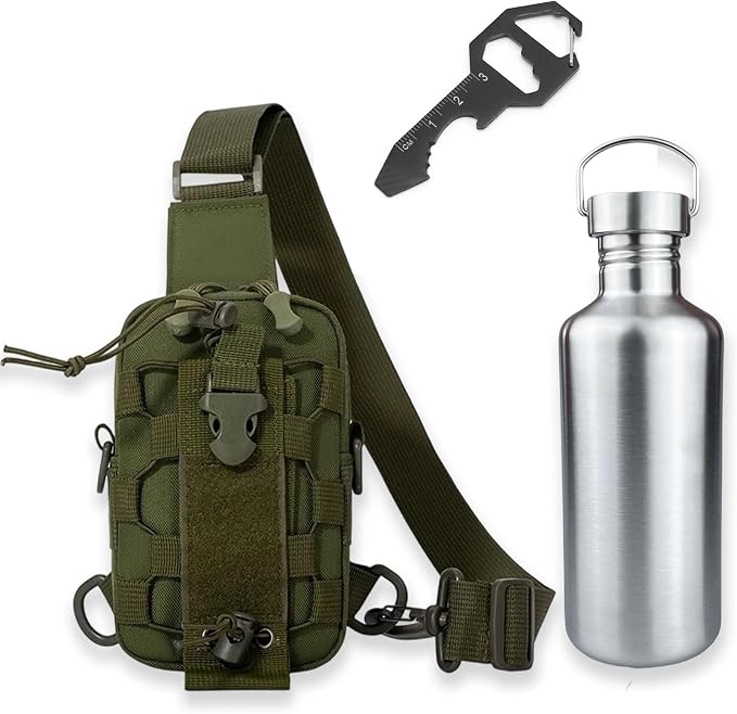 17oz Stainless Steel Water Bottle with Crossbody Sling Bag Fits Phone & Bottle Opener Multi Tool– EDC Gear for Travel, Hiking & Daily Use