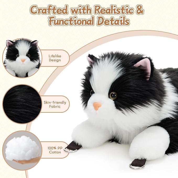 Tezituor 20 inch Cat Stuffed Animals Bag with Babies, Large Realistic Stuffed Cat with 4 Cute Kitten Babies, Soft Ragdoll Plush Shaped Backpack, Mom and Baby Kitten Plushies Pillow for Kids