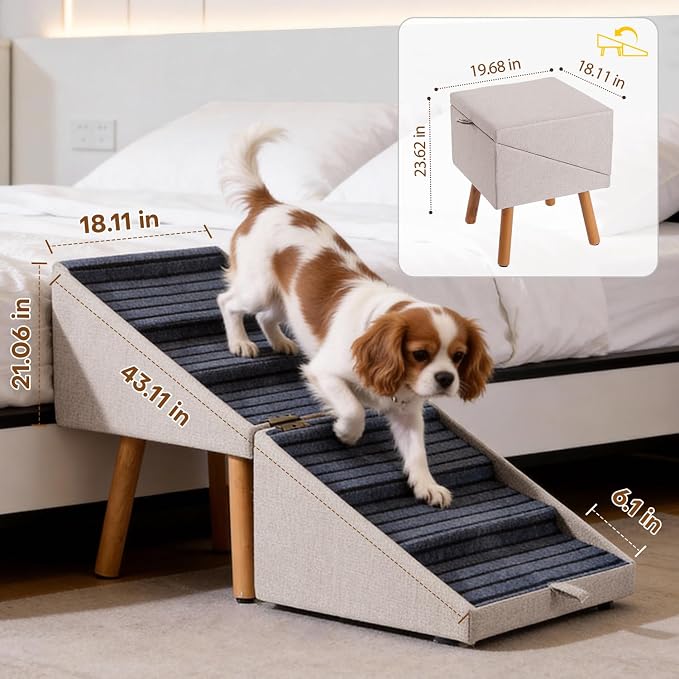 Dog ramp for Small Dogs, 2-in-1 Pet Steps & Ottoman - Foldable Dog ramp for Couch, Non-Slip Wooden Pet ramp for Puppy Senior Injured Dogs (Light Beige, XXL(21.06H))