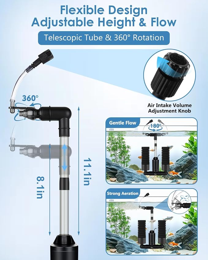 AQQA USB Electric Sponge Filter for Aquarium, No Air Pump Needed Submersible Fish Tank Filter with Bio Ceramic Media & 110V Adapter, Quiet 360° Rotatable Outflow for Betta Shrimp Fry Breeding Tank