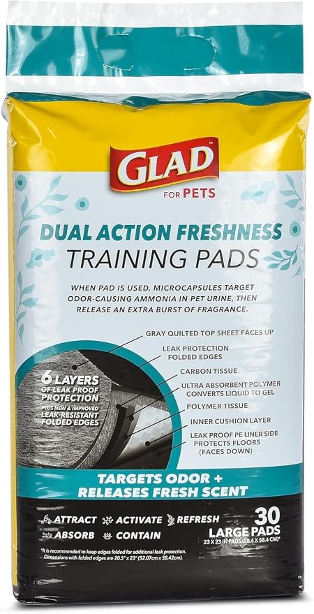 Glad for Pets Dual Action Freshness Activated Carbon Puppy Pads, Fragrance Release, Scented Odor Control, 6-Layer Leak-Proof, Pheromone Attractant, 23 x 23 Inch, 30 Count - 6 Pack