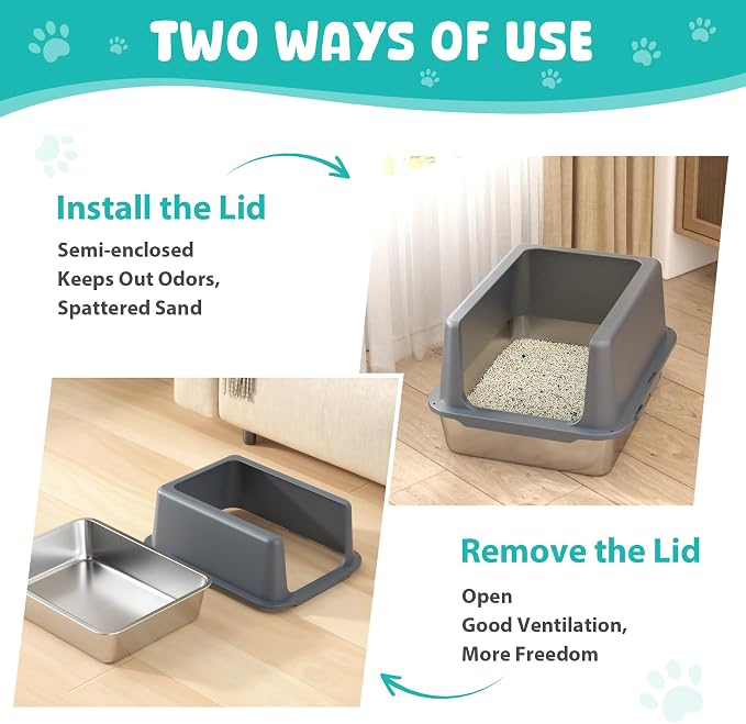 Litter Box with Lid, Stainless Steel Cat Litter Box, 10" Small Metal Litter Box for Kittens, Grey