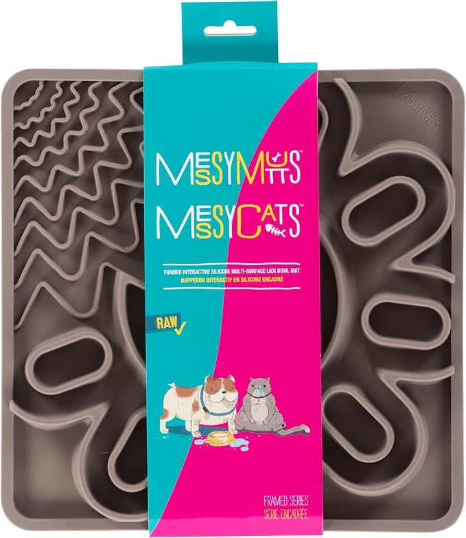 Messy Mutts and Cats Framed Silicone Multi-Surface Lick Mat | 9.5” x 9.5“ | Slow Feeder Mat for Boredom & Anxiety | Interactive Lick Pad for Dogs and Cats | Grey