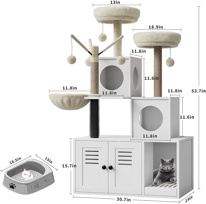 GAOMON Litter Box Enclosure with Cat Tree Tower 2-in-1 Modern Hidden Pet Washroom Furniture with Condo Hammock Scratching Posts and Multiple Soft Perches