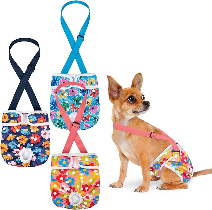 Pet Soft Dog Diapers Female with Suspenders, 3 Pack Reusable Female Dog Diapers for Heat, Dog Period Panties for Doggie in Cycle(X-Small, Floral)