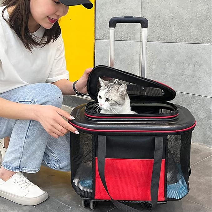 OLOTU Pet Backpack Large-Capacity Pet Trolley Case, Cat Carrier with Universal Wheel, Lightweight & Sturdy Rolling Pet Carrier Spacious