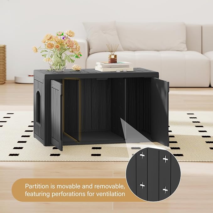 Cat Litter Box Enclosure, Covered Cat Litter Box with Adjustable Partition, Multi-Functional Hidden Enclosed Litter Box Furniture, Easy to Clean & Assemble, Black