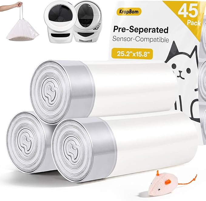 45 Pack Cat Litter Box Robot 5/4/3 Waste Bags,Transparent, Self Cleaning Litter Box Liners Bags for Most Automatic Cat Litter Boxes，Pre-Separated, Heavy Duty, 9-11 Gallon Capacity