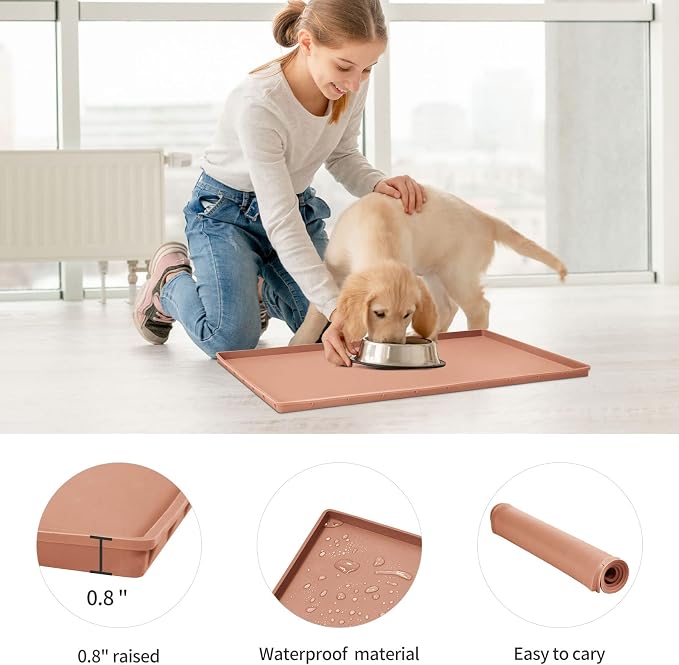 Dog Food Mat,Silicone Waterproof Food Tray,Non Slip Pet Bowl Mats Placemat,0.8" Raised Edge,Suitable for Most Small and Medium Sized Pets,28" x 18"