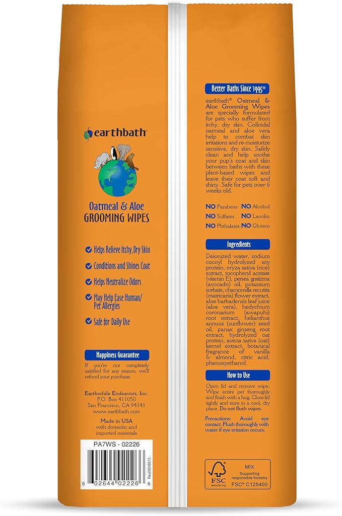 earthbath, Oatmeal & Aloe Grooming Wipes - Dog Wipes for Paws, Best Pet Wipes for Dogs & Cats, Helps Relieve Itchy & Dry Skin, Made in USA, Cruelty-Free - Vanilla & Almond 100 Count (1 Pack)