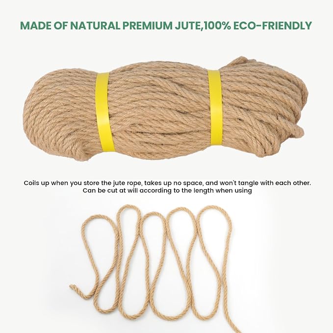 Jute Rope 1/4in100ft Natural Material Heavy Duty Jute Rope Twisted for Indoor Outdoor Crafts, Nautical, Tug of War, Railing, Hammock, Swing, Gardening