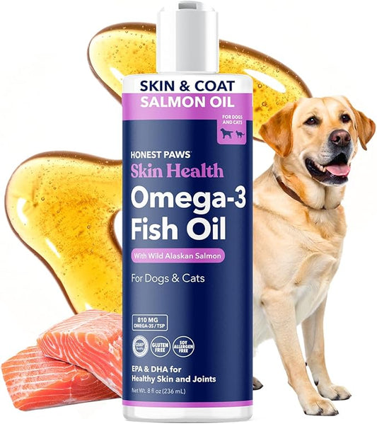 Honest Paws Salmon Oil for Dogs & Cats – Omega 3 Fish Oil Supplement for Skin, Coat, Joint & Heart Health – Natural, Sustainably Sourced Wild Alaskan Salmon, 8 oz