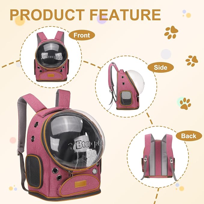 Pet Backpack Carrier, Portable and Ventilated, Oxford Cloth, Dog Cat Travel Bag with Transparent Cover 12.6", (Pink, 1 Pcs), Intended for Hiking/Camping/Traveling