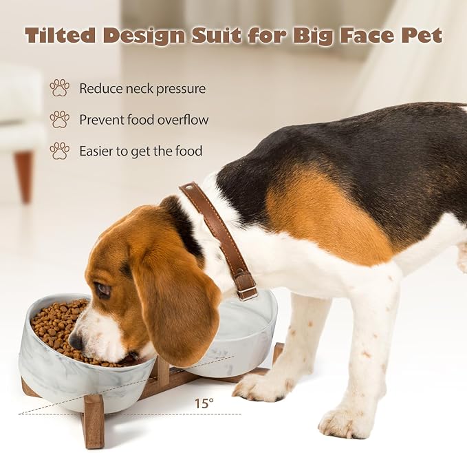 Dog Bowls Set with Wood Stand, 1.7-Cup Ceramic Puppy Bowls for Small Dogs,Weighted Food Water Bowl Set for Dog and Cat