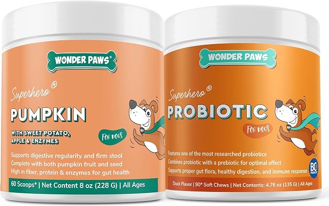 Pumpkin Powder Plus Probiotic Superhero - for Dog’s Gut Health, Digestion, Immune Support, Vitality & Overall Health – Pumpkin Powder 60 Scoops - Probiotic 90 Chews