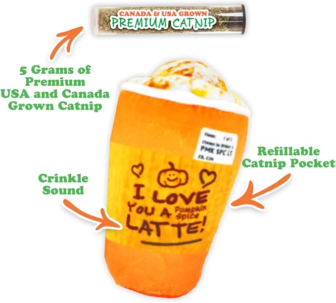 Meowijuana Fall Favorites Bundle | Pumpkin Spice Latte Refillable Toy, Harvest Moon Blend, Pumpkin Knock ‘n’ Nibble Toy, Chicken Crunchie Munchie Treats | Includes North American Organic Catnip