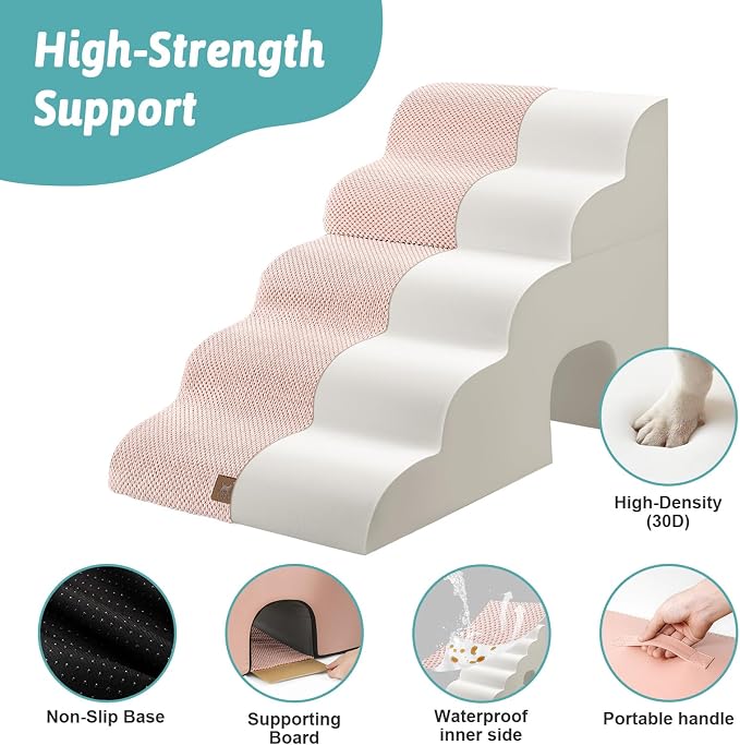 COZY KISS Extra Wide Dog Stairs with Tunnel, Detachable Large Pet Step for Small Medium Dog, Puppy or Cat, Ramp for High Bed, Couch, Sofa or Car, Stable, 19.7x33x22.4 inch, 5 Step, Pink