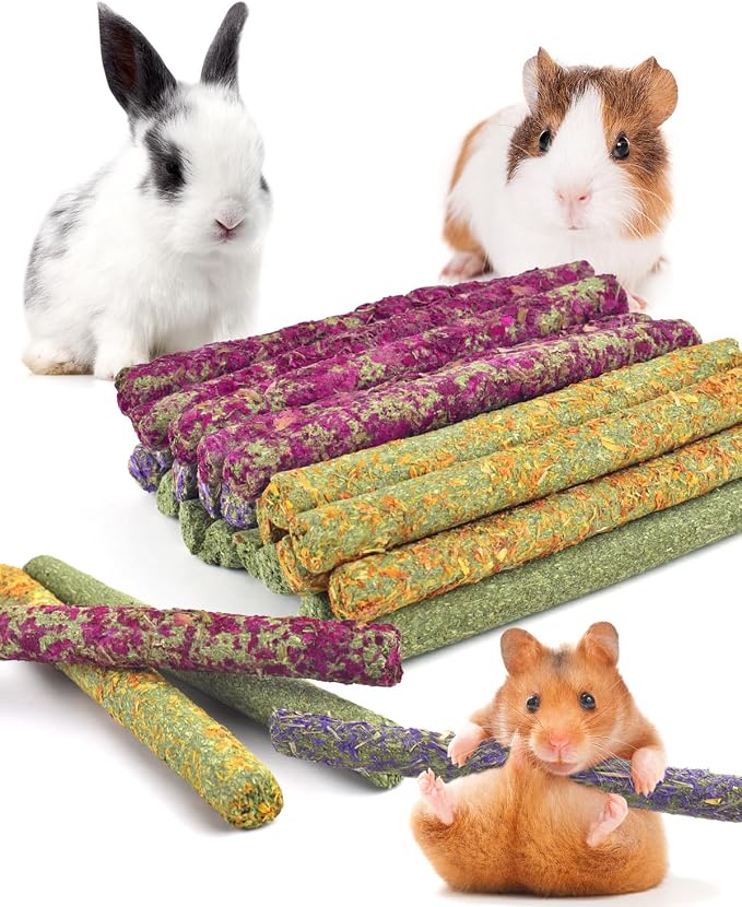 Bissap 22PCS Rabbit Chew Sticks, Mixed Natural Flower Rose Dahlberg Daisy and Forget-me-not Timothy Hay Chew Toys Treats for Rabbit Bunny Chinchilla Guinea Pig Hamster Other Small Animals Molar Snacks