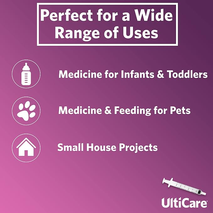 UltiCare 3mL Oral Tip Syringe – Uses Include Oral Administration of Medicine for Infants, Toddlers and Small Pets, and Small HH Projects. with Cap, Sterile Individually Wrapped, 100 Count