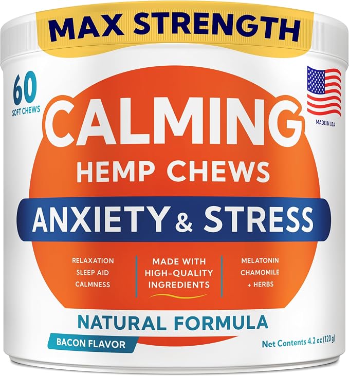 Advanced Calming Chews for Dogs - Hemp Treat + Melatonin + Valerian - Relaxing Bites - Calming Care - Stress Relief - Made in USA - Calm, Sleep Aid, Storms - 60Ct