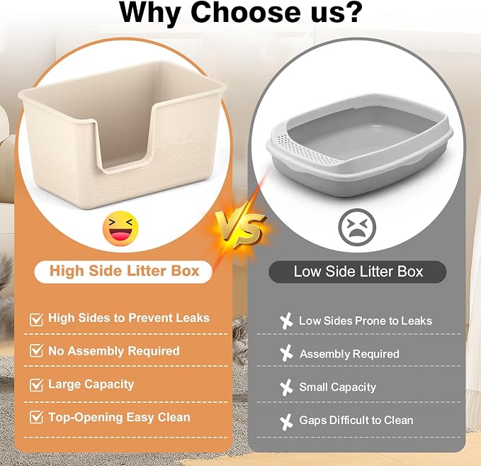 Cat Litter Box with High Sided,24.8" Lx14.9 Wx13.0 H,Extra Large Cat Litter Box for Big Cats,XL Jumbo Kitty Litter Box for Indoor Cats,Tool-Free Assembly (Beige)