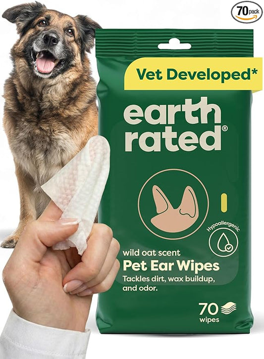 Earth Rated Dog Ear Wipes, Vet-Developed Pet Ear Wipes for Dogs & Cats, Hypoallergenic Cleaner to Remove Dirt and Wax, Wild Oat Scent, 70 Count