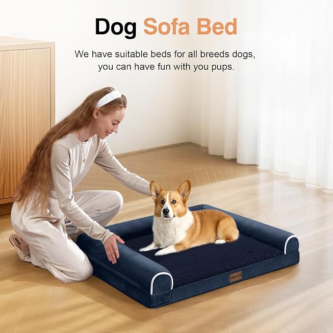 Medium Large Dog Bed Orthopedic Washable: Beds Bolster Medium Large Sized Dog Bed Egg Crate Foam Couch Sofa Waterproof with Removable Cover - Navy Blue