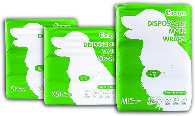 COCOYO Disposable Male Dog Wraps, Medium Size, 84 Count, Super Absorbent, Breathable, Wetness Indicator