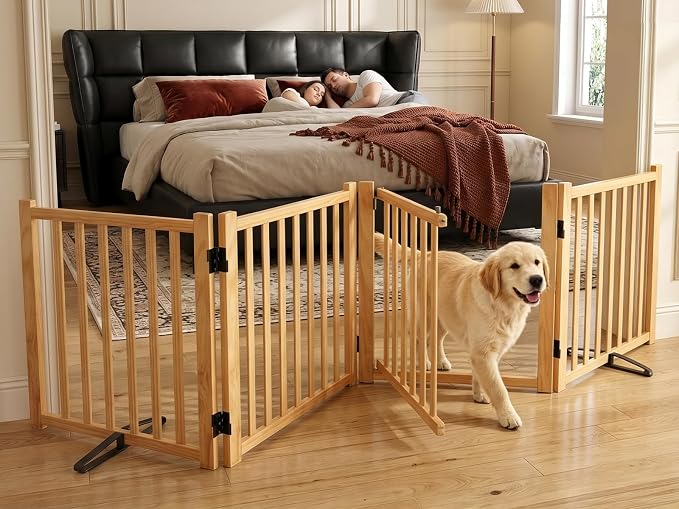 Wooden Dog Gate Indoor, 23" H Freestanding Dog Gates with Door Walk Through, No-Painted Foldable Puppy Fence, Doggy Barrier for Doorway, Stairs- 4 Panels