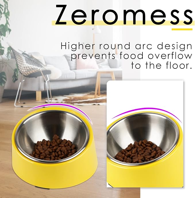 SuperDesign Mess Free 15° Slanted Bowl for Dogs and Cats, Tilted Angle Bulldog Bowl Dog Feeder, Non-Skid & Non-Spill, Easier to Reach Food L/2 Cup Bright Yellow
