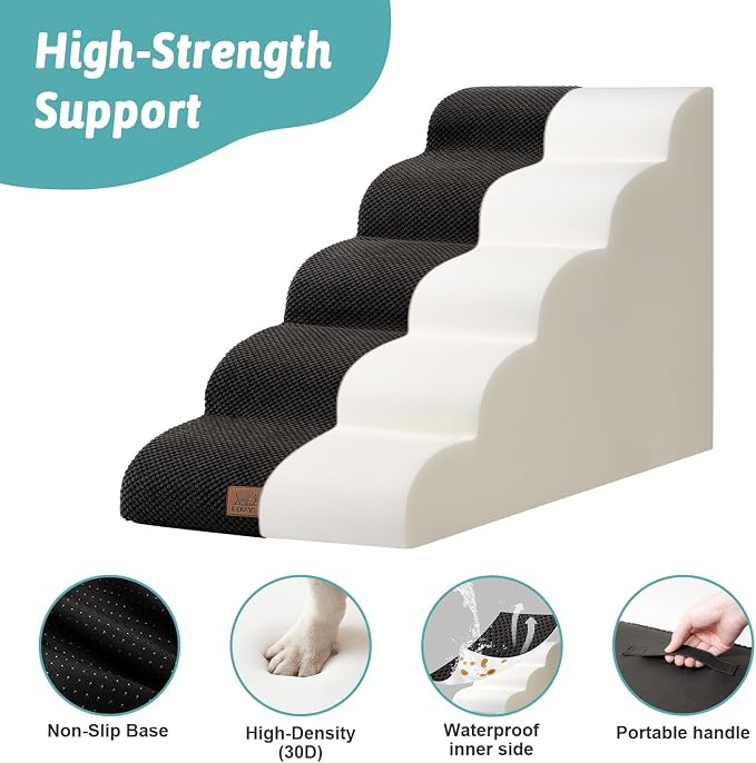 COZY KISS Extra Wide Dog Stairs 19.7" Width, Large Pet Step for Small Medium Dog, Puppy or Cat, Ramp for High Bed or Car, High Density Foam Ladder, Stable, 5 Step, 19.7x33x22.4 inch, Black