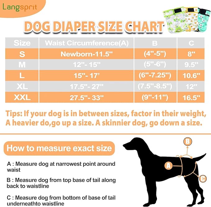 Langsprit Washable Female Dog Diapers (3 Pack) - No Leak Reusable Diapers for Doggy Female in Period - Highly Absorbent Dog Heat Panties with Adjustable Snaps (Koala, Small)