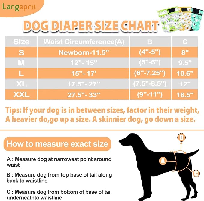 Langsprit Washable Female Dog Diapers (3 Pack) - No Leak Reusable Diapers for Doggy Female in Period - Highly Absorbent Dog Heat Panties with Adjustable Snaps (Koala, Medium)
