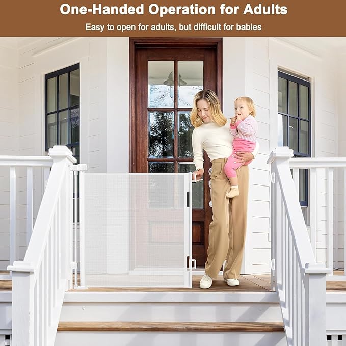 100" Wide Weatherproof Outdoor Retractable Gate for Dogs with No Rust Screws and Rods, Waterproof 8 Ft Extra Long Baby Gates for Large Openings, Scratch-Resistant Mesh Retractable Baby Gates, White