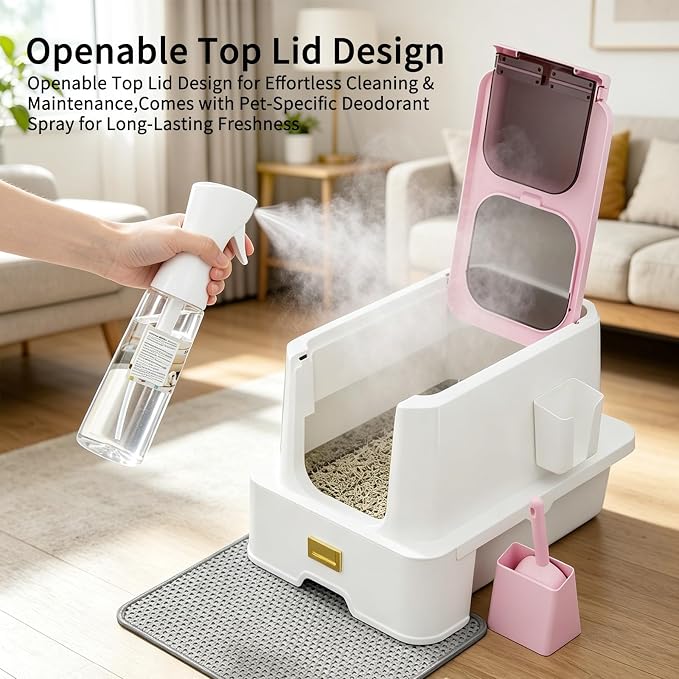 RIZZARI Pink Stainless Steel Cat Litter Box with Lid, Hidden Top Entry Kitty Litter Box with Drawer, Modern Covered Litter Box for Indoor Cats, Large Cats, Apartments & Bedrooms