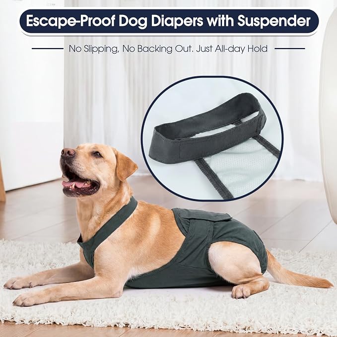 IECOii Washable Dog Diapers Female with Suspenders,Escape-Proof Dog Period Diaper for Heat, Incontinence & Potty Training, Leakproof Resuable Sanitary Pantie for Belly Post-Surgery Recovery, L