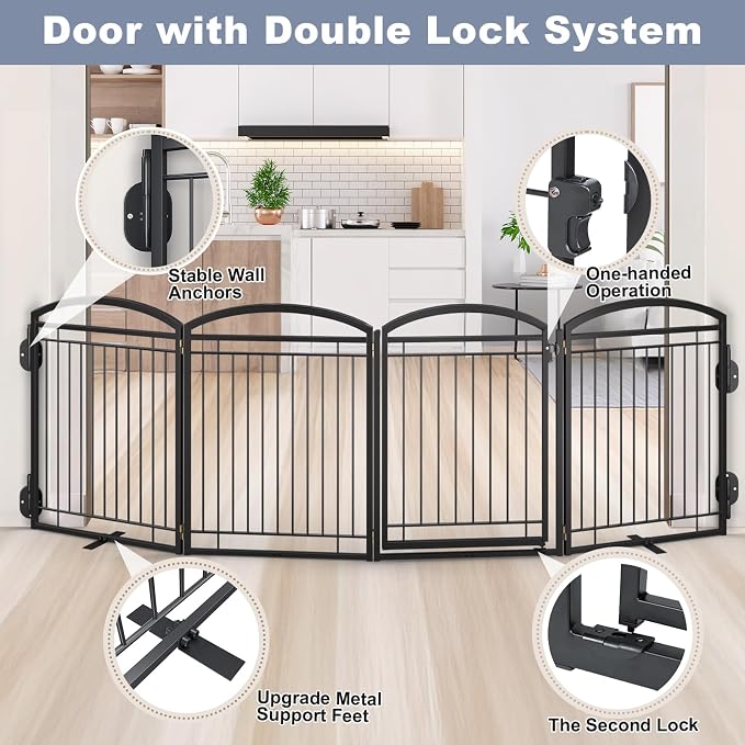 Full Metal Free Standing Dog Gate with Door for Outdoor Indoor,96'' Extra Wide 32'' Tall Dog Gate for The Doorways,Large Openings,Decks,Porch,Pet Freestanding Safety Fence(4 Panels,Black)