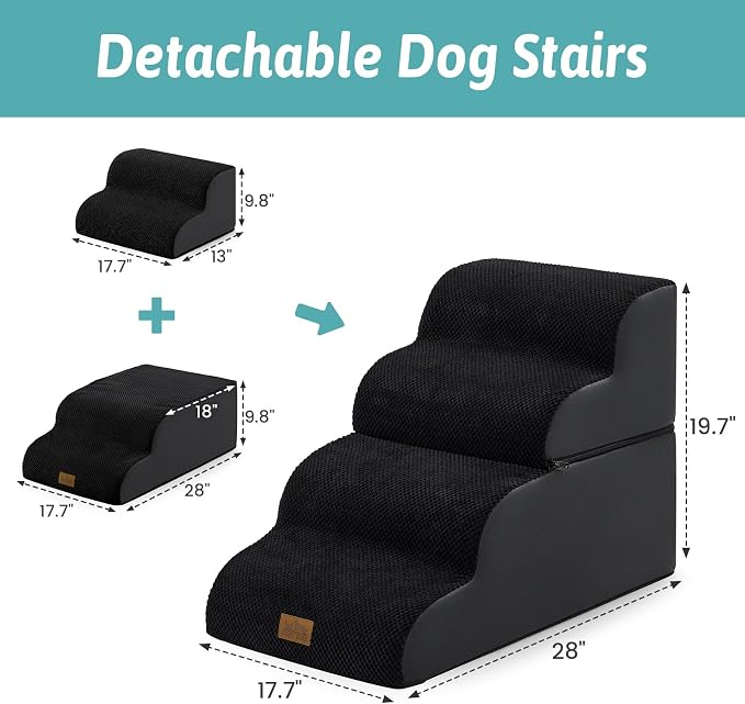 COZY KISS Detachable Curved Dog Stairs 19.7" H, 4 Step Small Dog Step for Puppy or Older Cat, Ramp for Bed, Sofa, Couch or Chair, Ladder with High Density Foam, 17.7x28.3x19.7 inch, Black