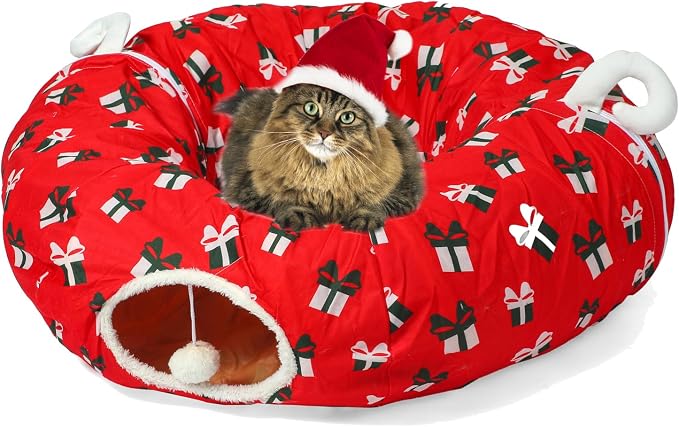 Cat Tunnel Bed Under Christmas Tree 3FT x 3FT x 9.8IN - Decorative Christmas Style with Box Patterns - Red Color Perfect for Festive Felines Small Animals