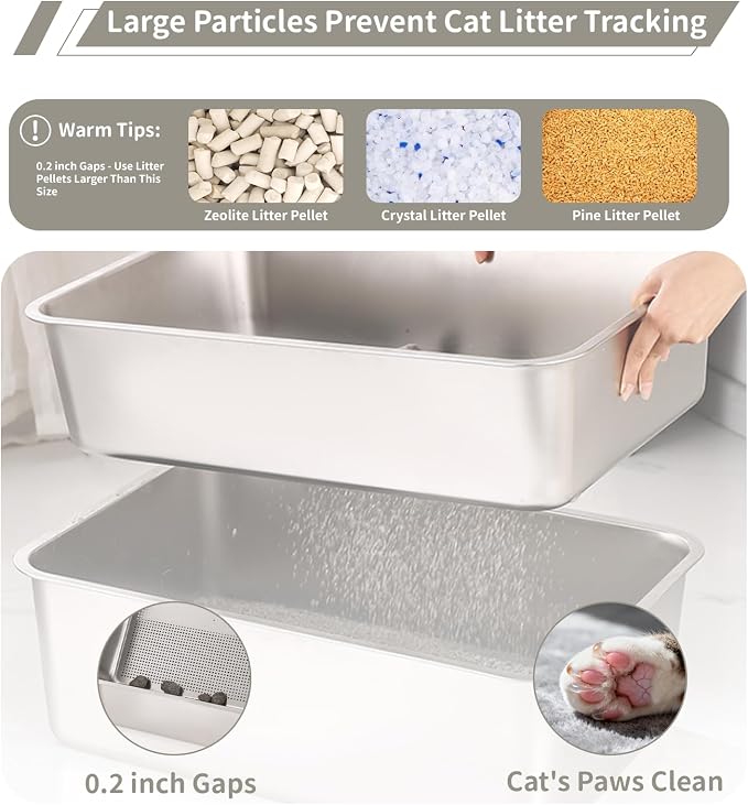 XL Stainless Steel Cat Sifting Litter Box 23.6“x15.7"x6" - Metal High Sided Open Top Litterbox Odor Control Non-Clumping with Scoop Litter Mat Trash Bag, Anti-Leakage, Less Tracking, Easy Cleaning