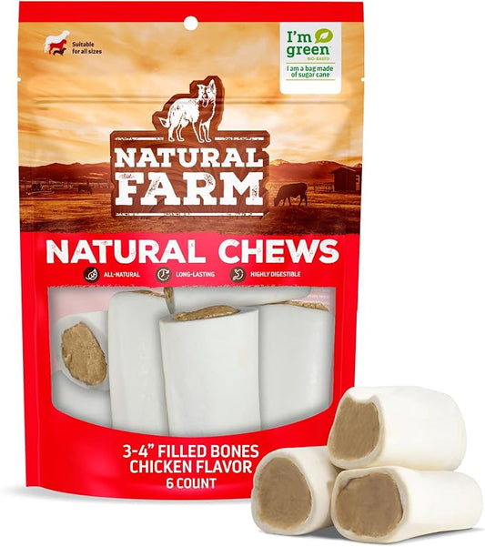 Natural Farm Chicken Filled Bones (3-4 Inch, 6 Pack), Limited Ingredient, Natural Stuffed Dental Dog Bone Treats for Dogs, Made with Real Chicken