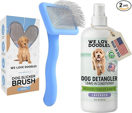 We Love Doodles Small Slicker Brush & Lavender Detangler Spray Pack - Dog Leave-In Conditioner for Reducing Mats, Knots & Tangles, Dematting & Conditioning Grooming Kit, 16 oz